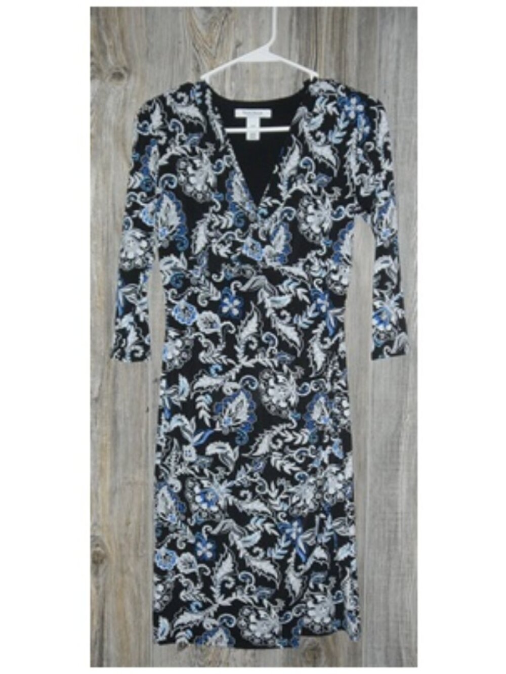 White House Black Market WHBM Dress Stretch Lined Black Blue Gray Paisley Sz XXS